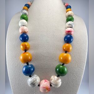 Vintage Chunky Beaded Necklace Extra Large Graduated Marbled Multicolor Beads